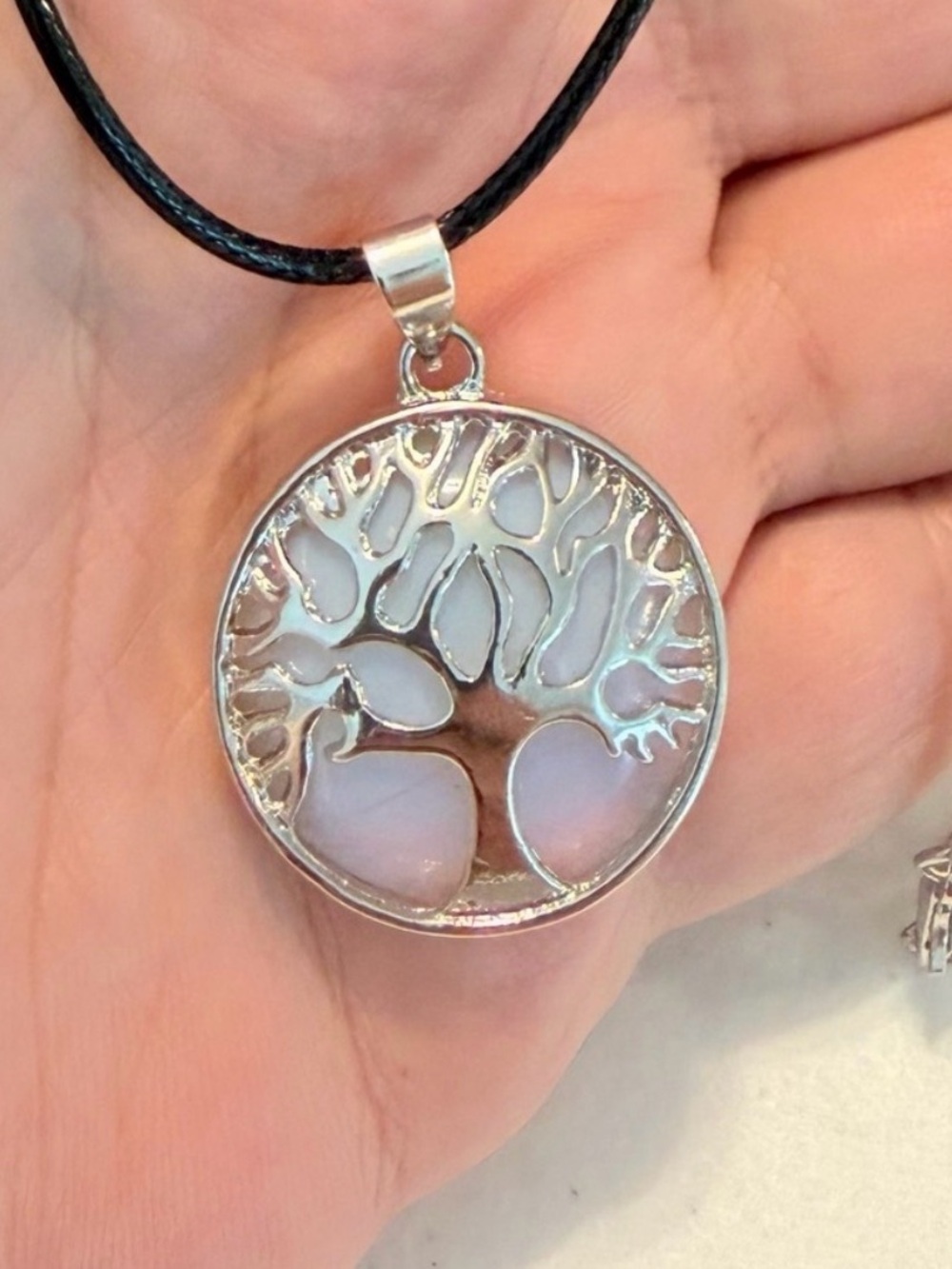 Silver Tone Tree Of Life Necklace Milky White Round Pendant Black Cord (N30)